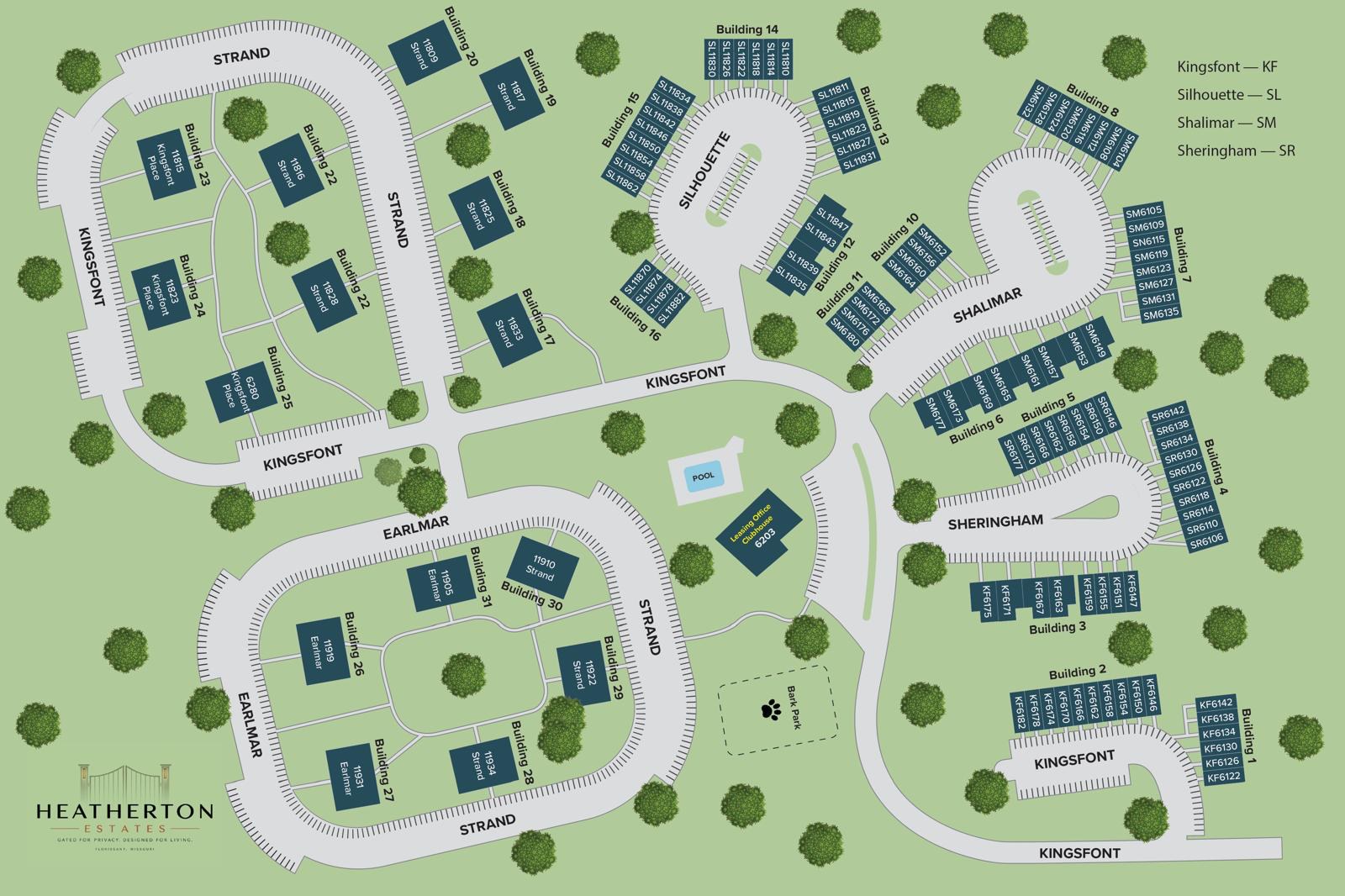Heatherton Estates community site map showing buildings, streets, pool, leasing office and bark park